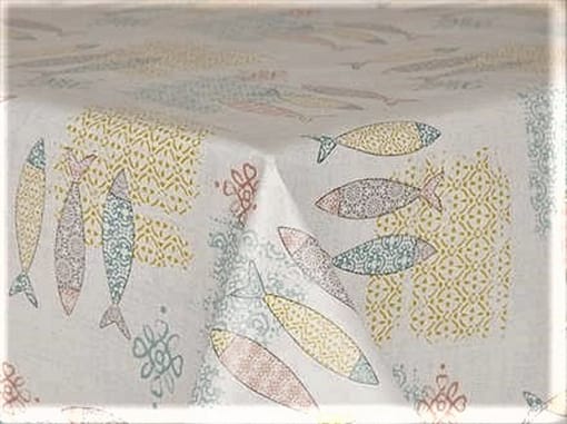 Fish Mustard Ochre Vinyl Tablecloth with Symmetrical Design 137 cm (54" Wide)