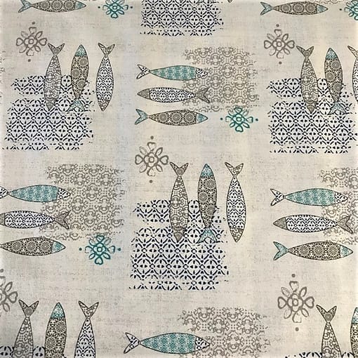 Silver Blue Fish Vinyl Tablecloth with Symmetrical Fish Design 137cm (54" Wide)